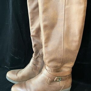 Brown up to the Knee Boots with Decorative Buckle and Flat Heel